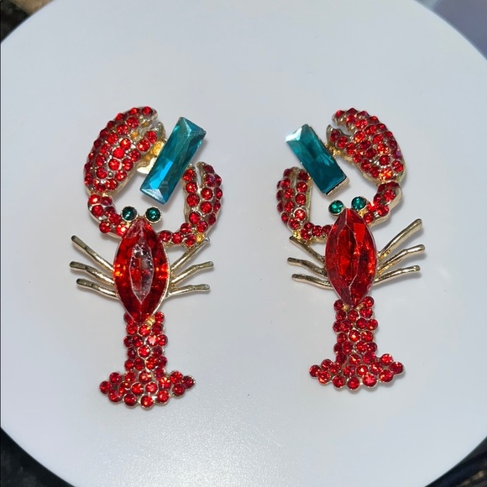 Kitschy Red and Gold Lobster Rhinestone Earrings